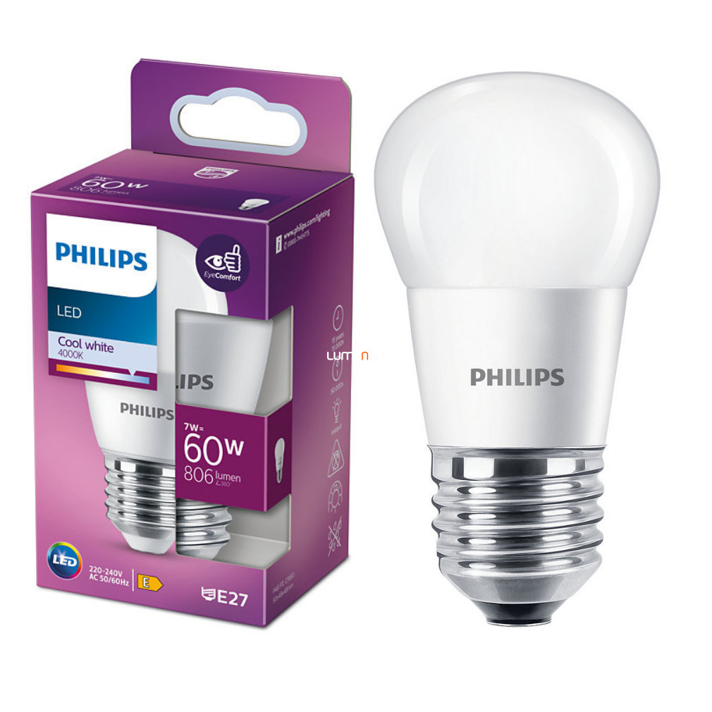 Philips E27 LED kisgömb 7W 806lm 4000K semleges fehér opál - 60W izzó helyett