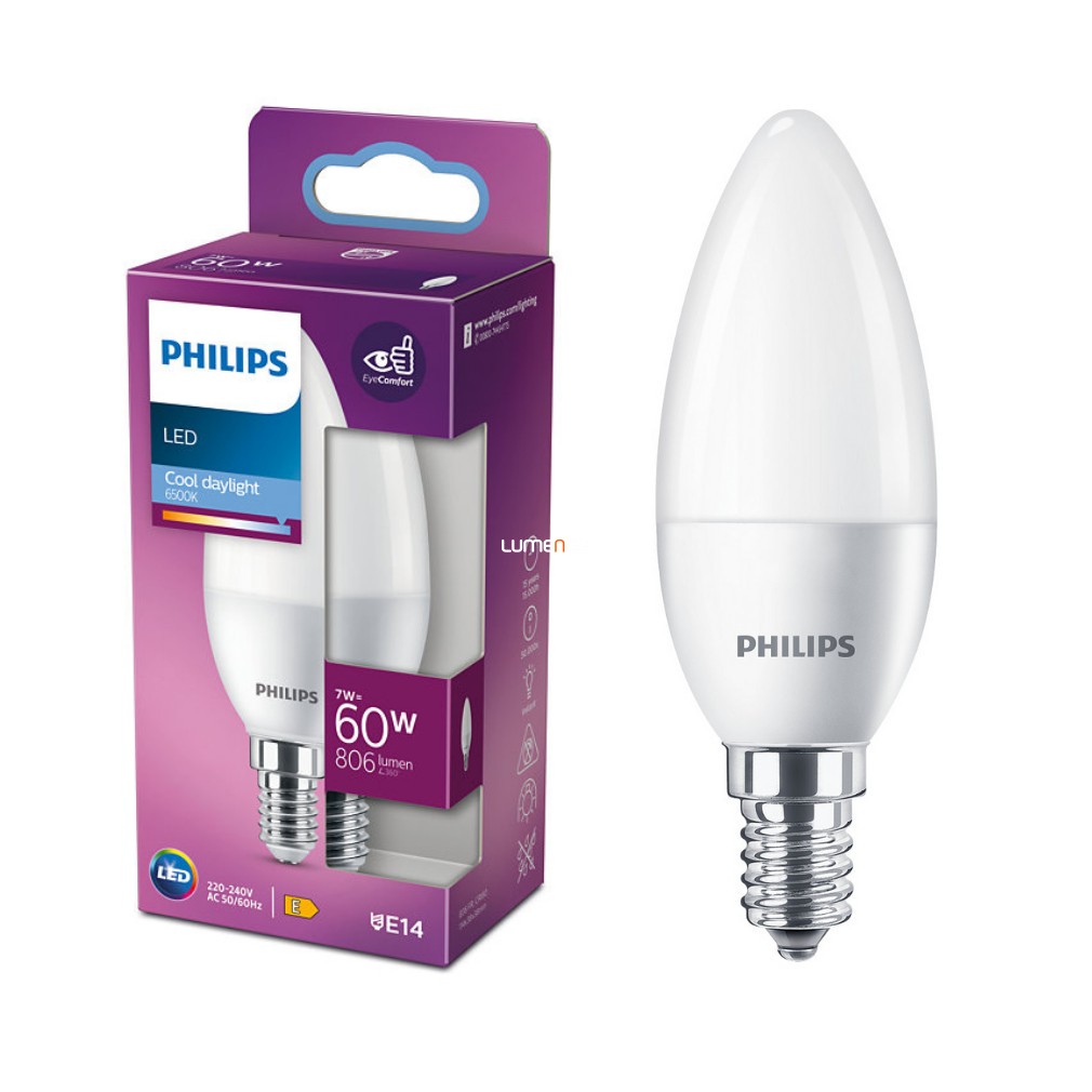 Philips E14 LED gyertya 7W 806lm 6500K daylight fehér - 60W izzó helyett