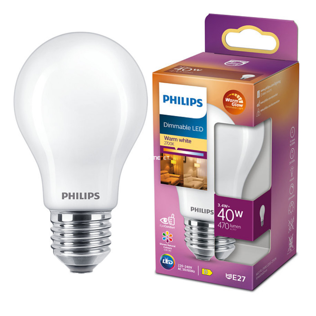 Philips E27 LED opál 3,4W 470lm extra melegfehér - 40W izzó helyett (Calssic WarmGlow)