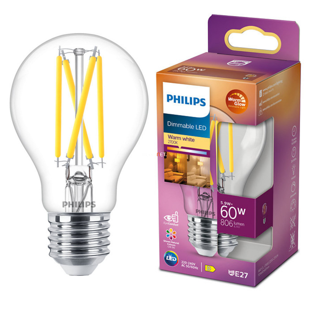 Philips E27 LED víztiszta 5,9W 806lm extra melegfehér - 60W izzó helyett (Calssic WarmGlow)