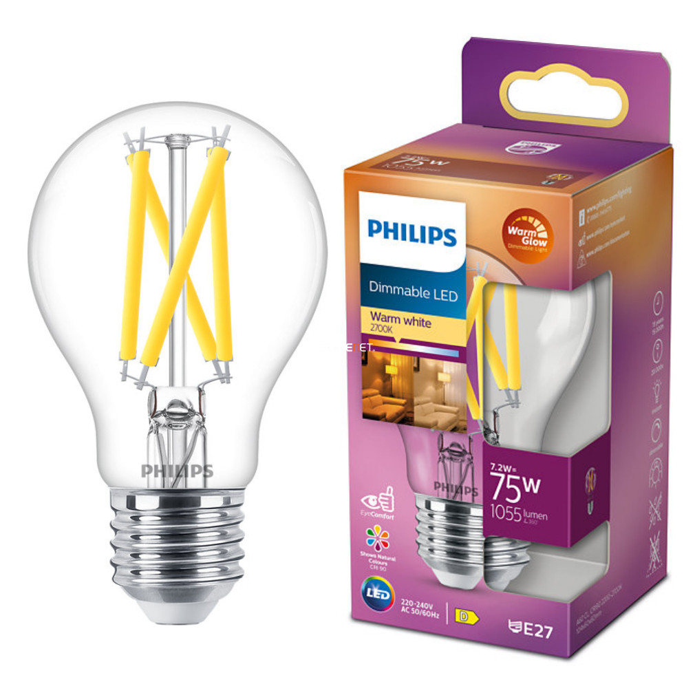 Philips E27 LED víztiszta 7,2W 1055lm extra melegfehér - 75W izzó helyett (Calssic WarmGlow)