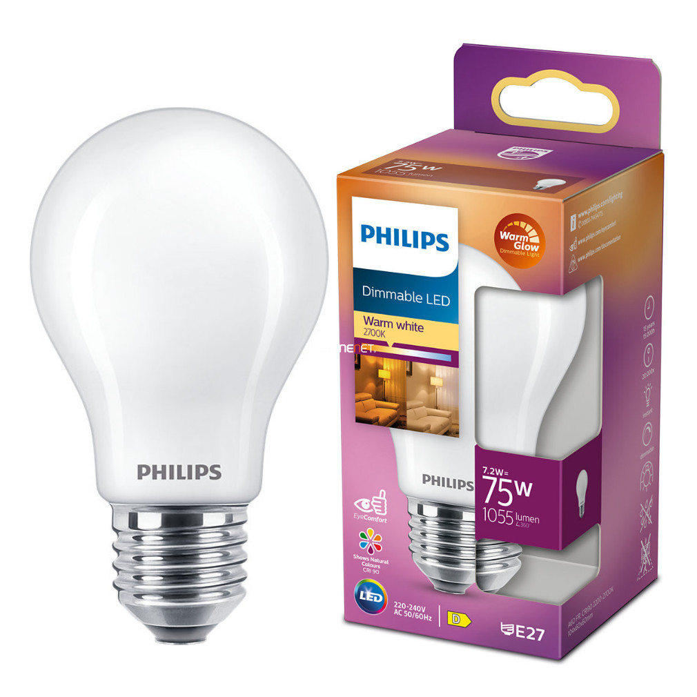 Philips E27 LED 7,2W 1055lm extra melegfehér - 75W izzó helyett (Calssic WarmGlow)