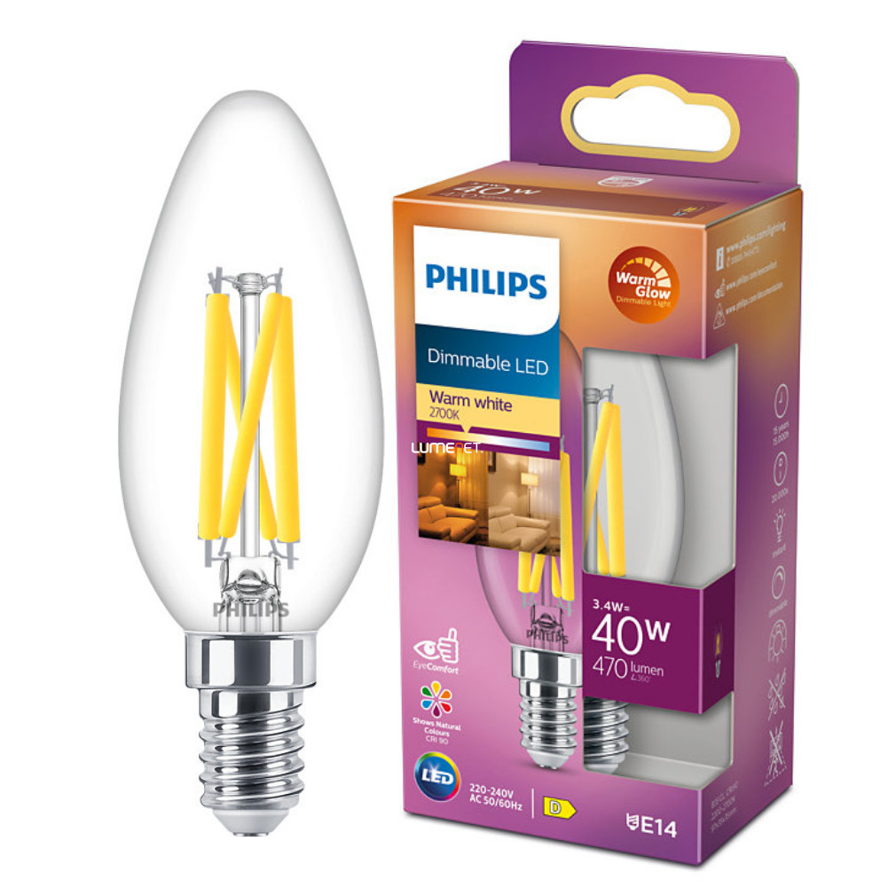 Philips E14 LED gyertya 3,4W 470lm extra melegfehér szabalyozható- 40W izzó helyett (Calssic WarmGlow)