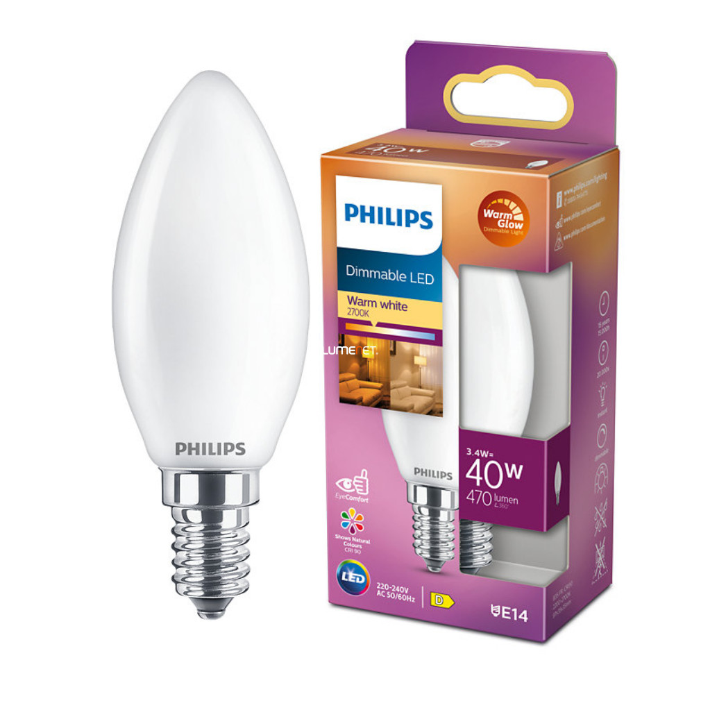 Philips E14 LED gyertya opál 3,4W 470lm extra melegfehér szabalyozható- 40W izzó helyett (Calssic WarmGlow)