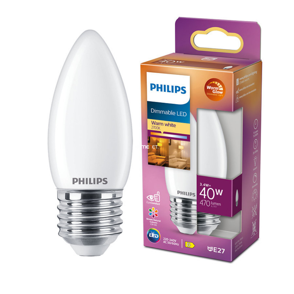 Philips E27 LED gyertya opál 3,4W 470lm extra melegfehér - 40W izzó helyett (Calssic WarmGlow)