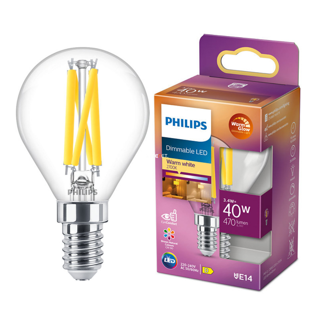 Philips E14 LED kisgömb víztiszta 3,4W 470lm extra melegfehér - 40W izzó helyett (Calssic WarmGlow)