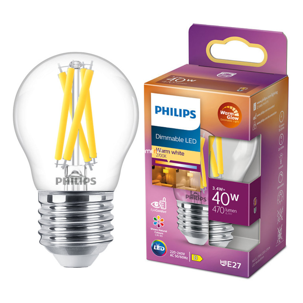 Philips E27 LED kisgömb 3,4W 470lm extra melegfehér - 40W izzó helyett (Calssic WarmGlow)