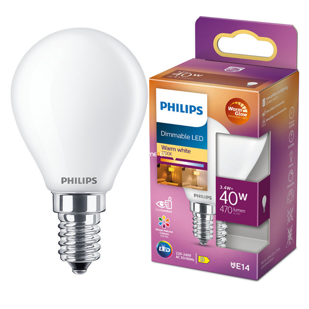 Philips E14 LED kisgömb 3,4W 470lm extra melegfehér - 40W izzó helyett (Calssic WarmGlow)