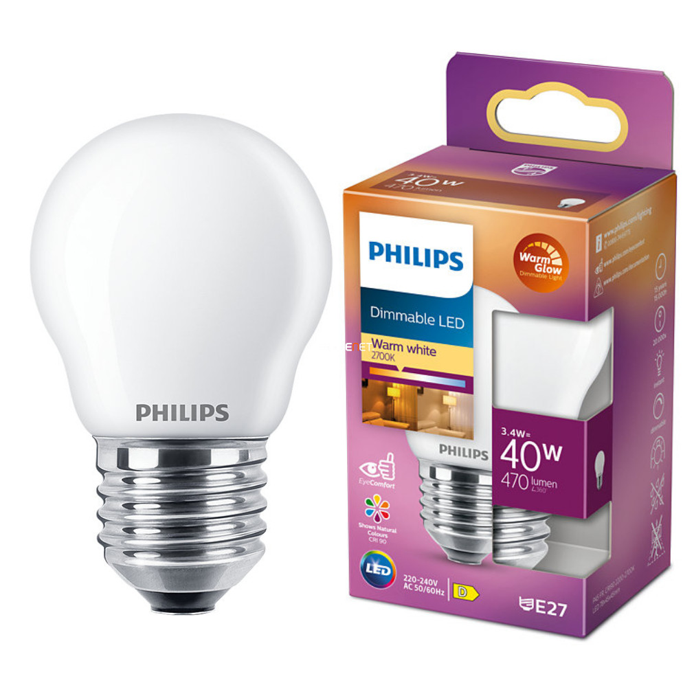 Philips E27 LED kisgömb opál 3,4W 470lm extra melegfehér - 40W izzó helyett (Calssic WarmGlow)