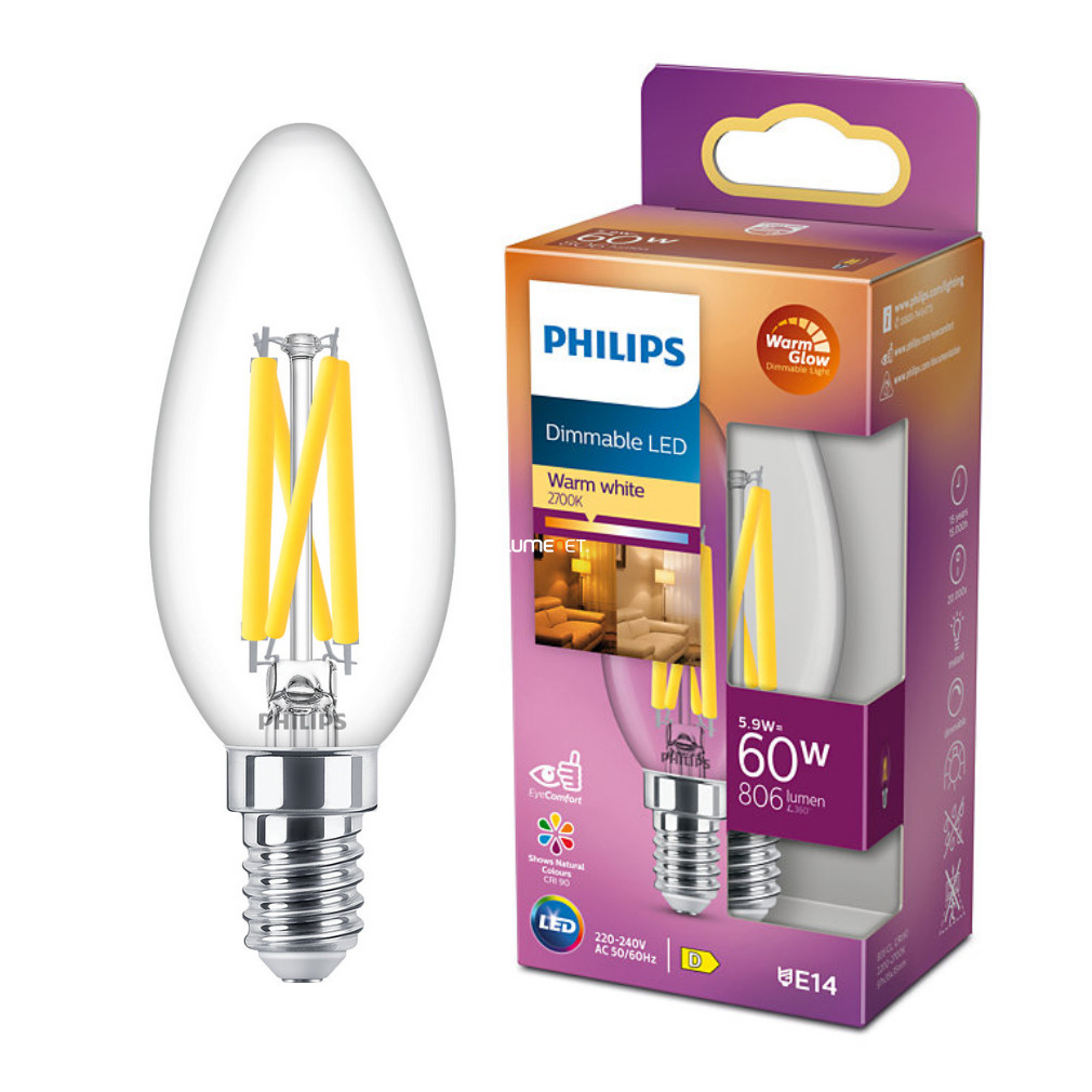 Philips E14 LED gyertya víztiszta 5,9W 806lm extra melegfehér - 60W izzó helyett (Calssic WarmGlow)
