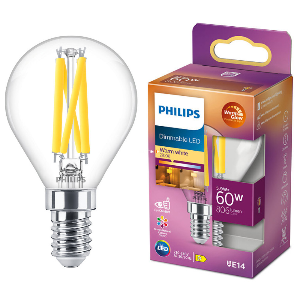 Philips E14 LED kisgömb víztiszta 5,9W 806lm extra melegfehér - 60W izzó helyett (Calssic WarmGlow)