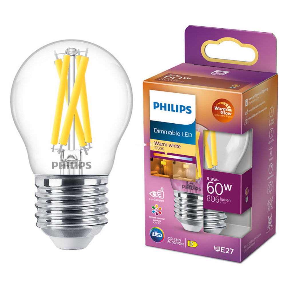 Philips E27 LED kisgömb víztiszta 5,9W 806lm extra melegfehér - 60W izzó helyett (Calssic WarmGlow)