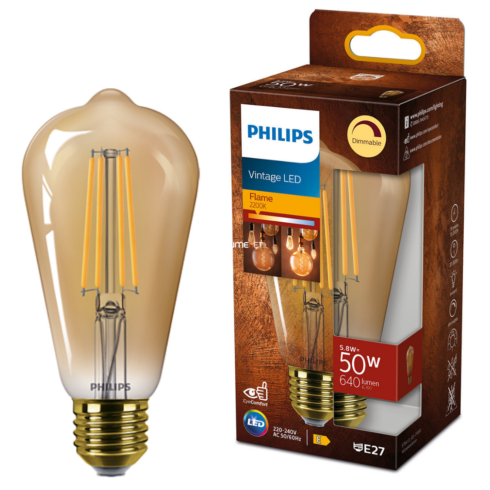 Philips E27 Vintage Edison LED 5,8W 640lm 2200K melegfehér, szabályozható - 50W izzó helyett