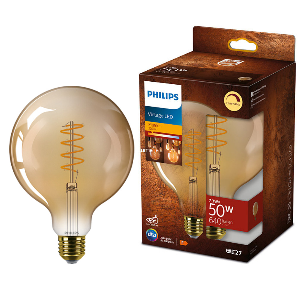 Philips E27 Vintage LED 7,3W 640lm 2200K meleg fehér szabályozható D120mm - 50W izzó kiváltására