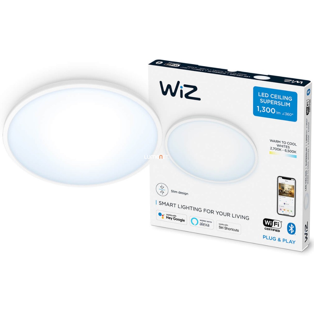 WiZ SuperSlim Wi-Fi/BT 14W 1300lm 2700-6500K szabályozható mennyezeti LED lámpa 24cm, fehér