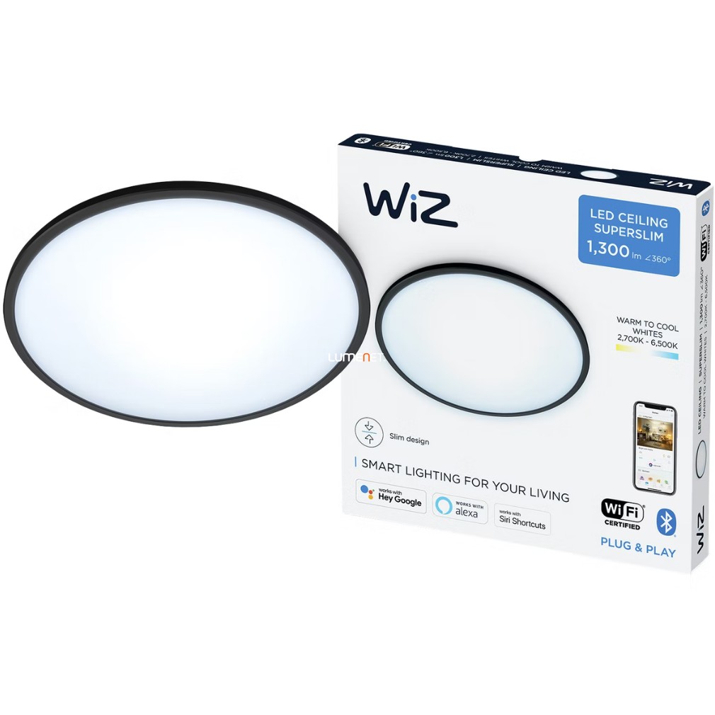 WiZ SuperSlim Wi-Fi/BT 14W 1300lm 2700-6500K szabályozható mennyezeti LED lámpa 24cm, fekete