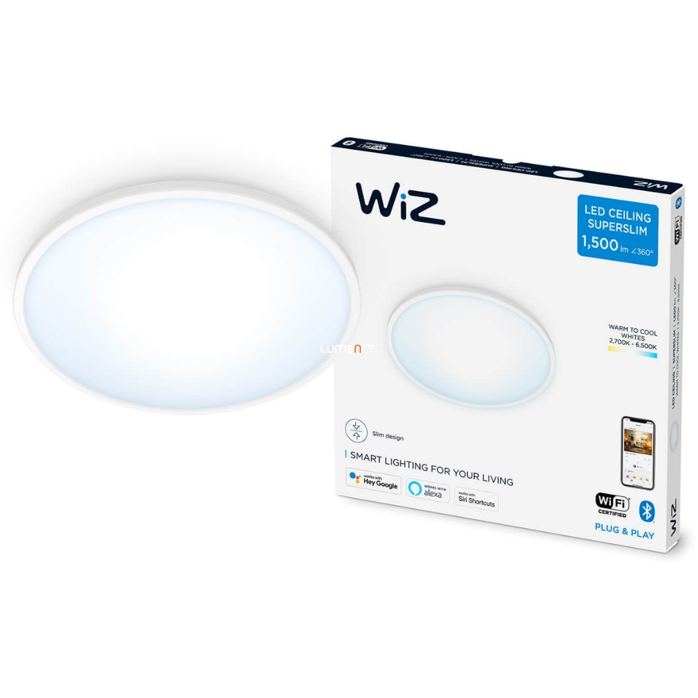 WiZ SuperSlim Wi-Fi/BT 16W 1500lm 2700-6500K szabályozható mennyezeti LED lámpa 29cm, fehér
