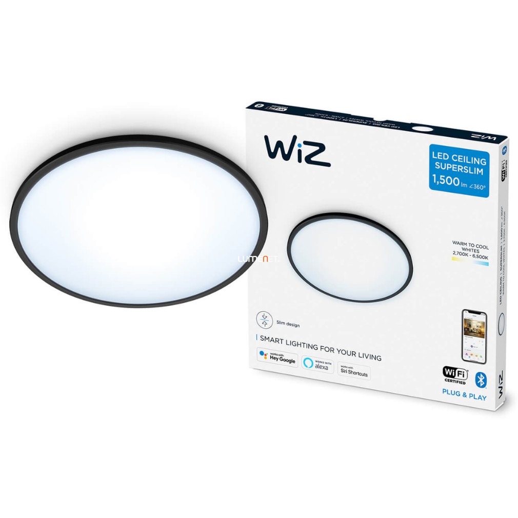 WiZ SuperSlim Wi-Fi/BT 16W 1500lm 2700-6500K szabályozható mennyezeti LED lámpa 29cm, fekete