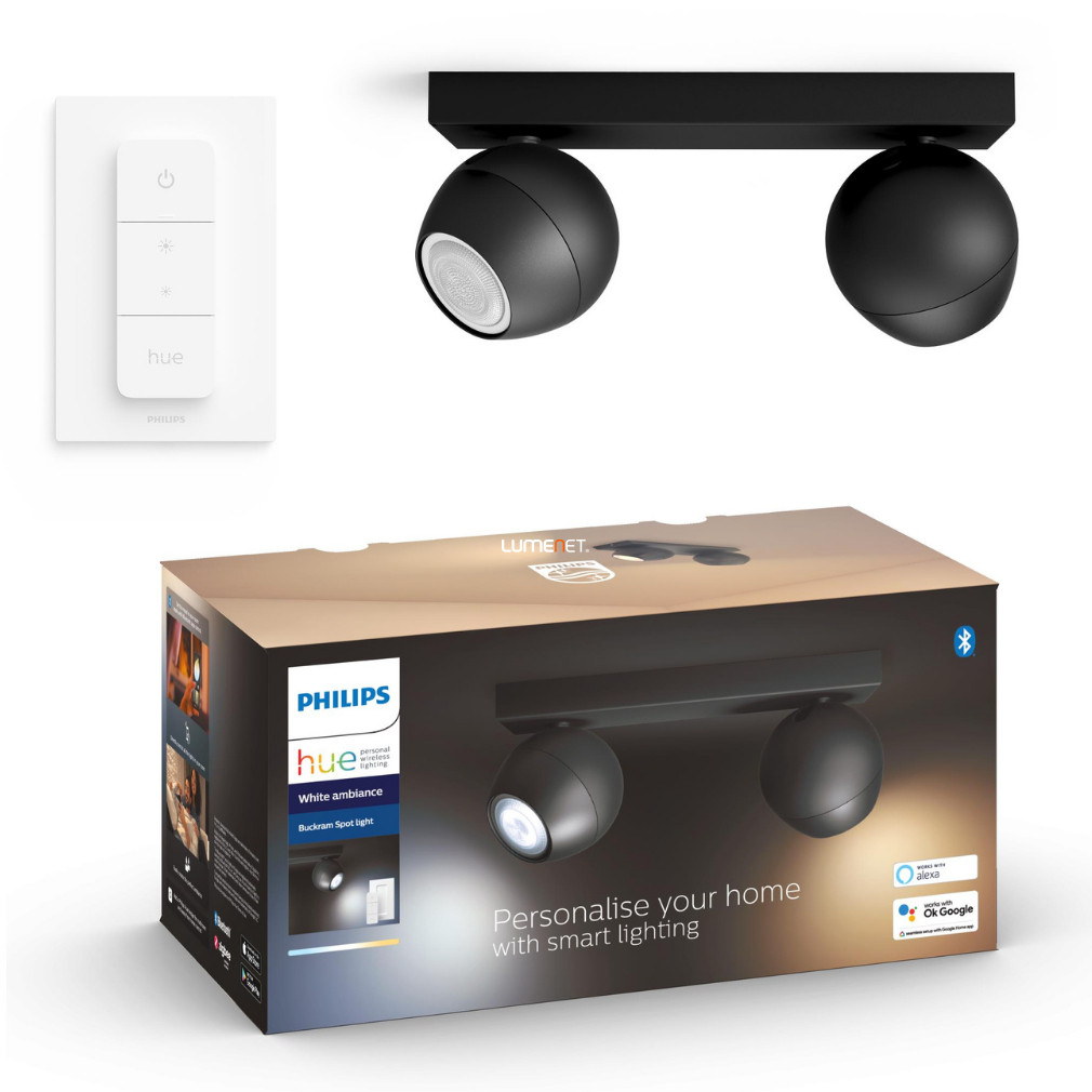 Philips Hue Buckram White Ambiance LED 2-es spot lámpa, fekete + DIM Switch