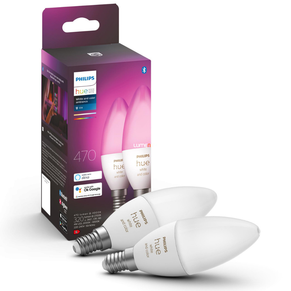 Philips Hue White and Color Ambiance 4W E14 LED gyertya fényforrás 2db/csomag