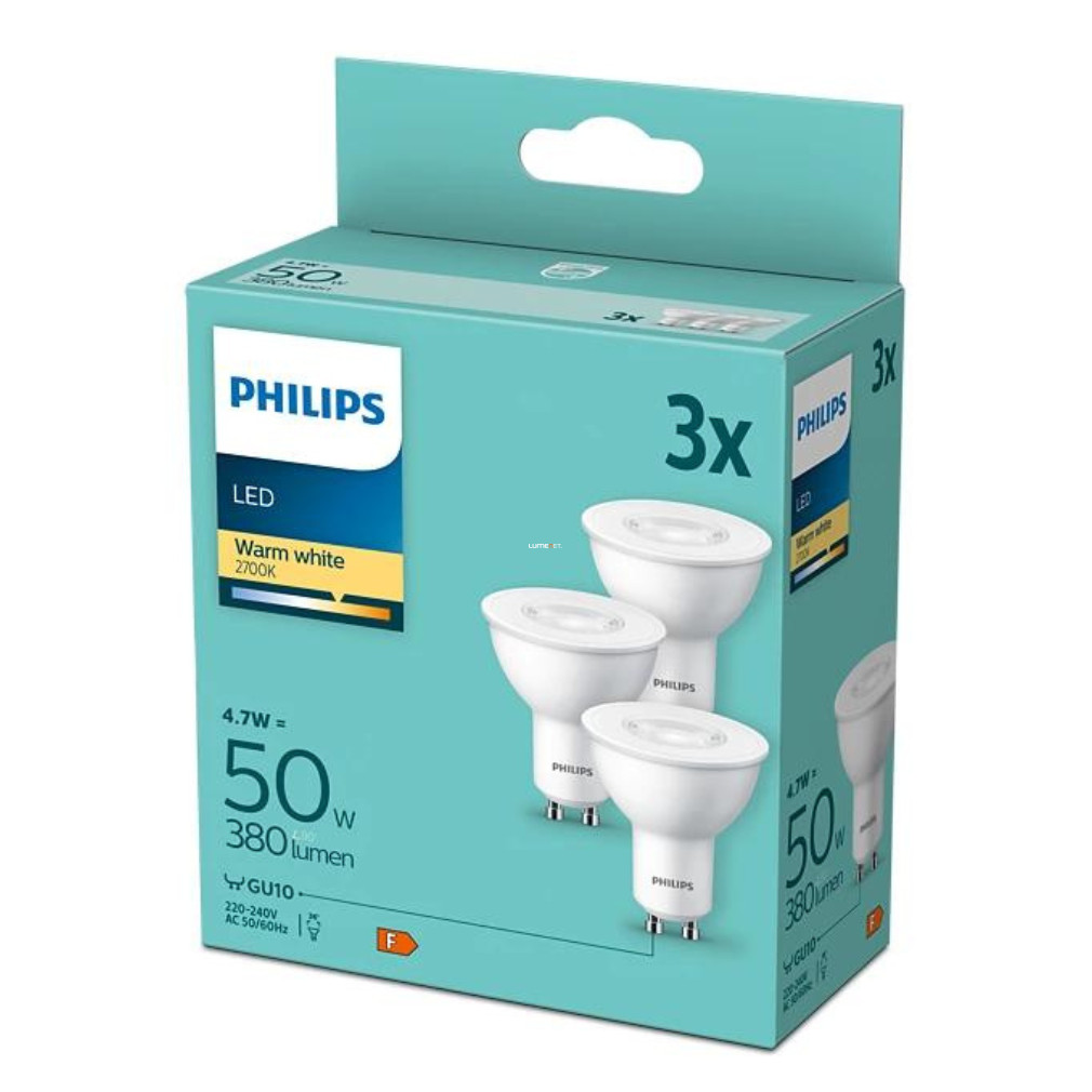 Philips GU10 LED 4,7W 380lm, melegfehér-50 W izzó helyett, 3 darabos