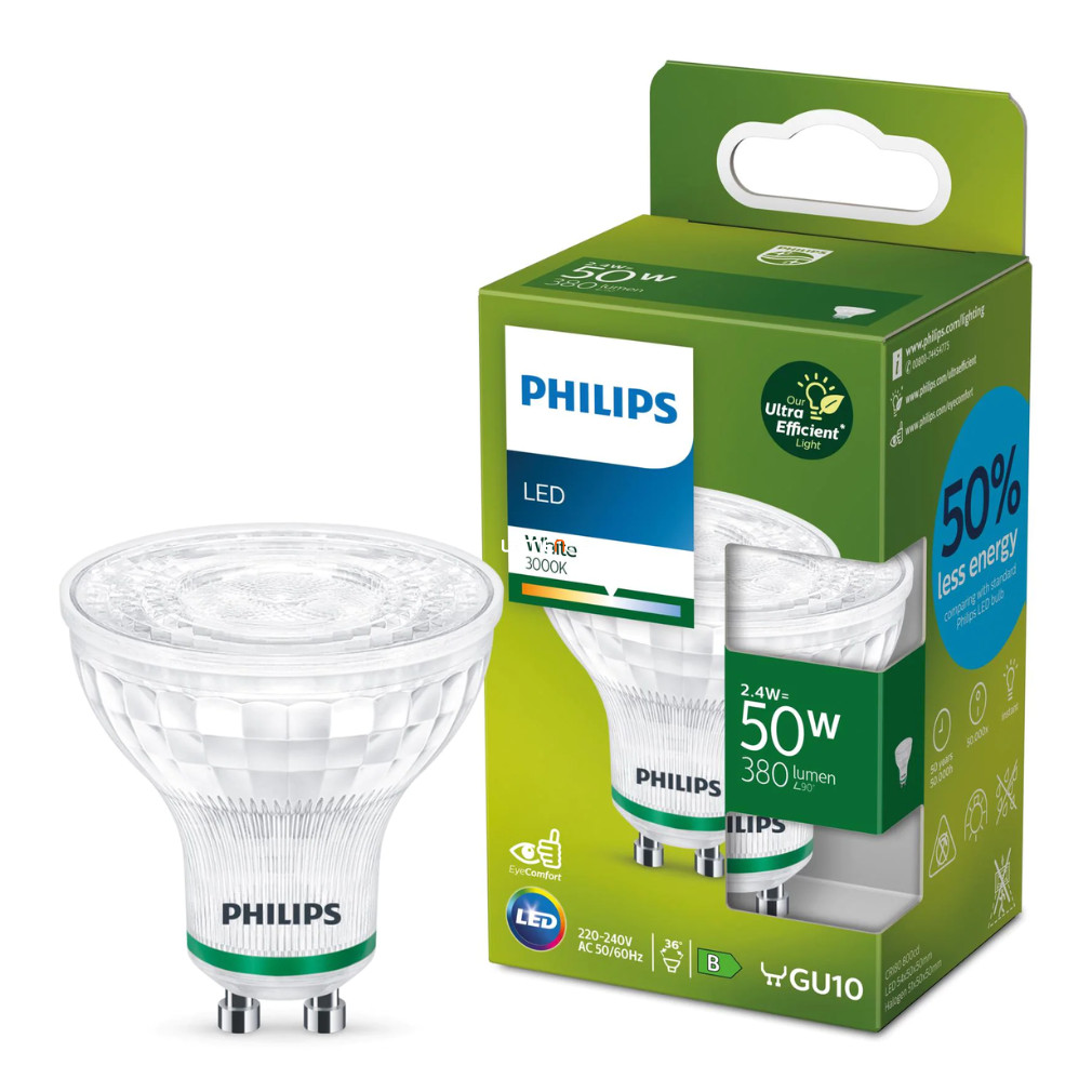 Philips GU10 LED ultrahatékony 2,4W 380lm 3000K melegfehér - 50W izzóhelyett