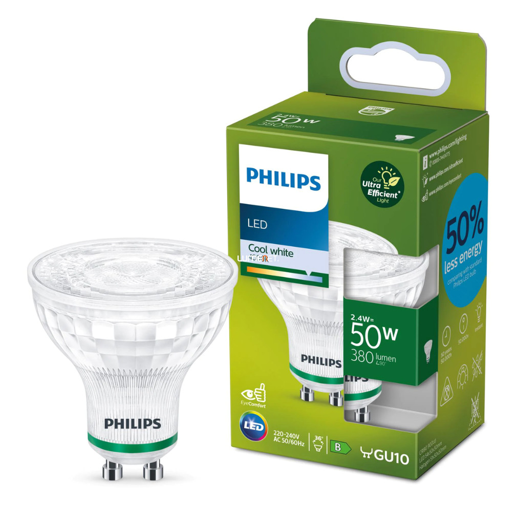 Philips GU10 LED ultrahatékony 2,4W 380lm 4000K hidegfehér - 50W izzóhelyett