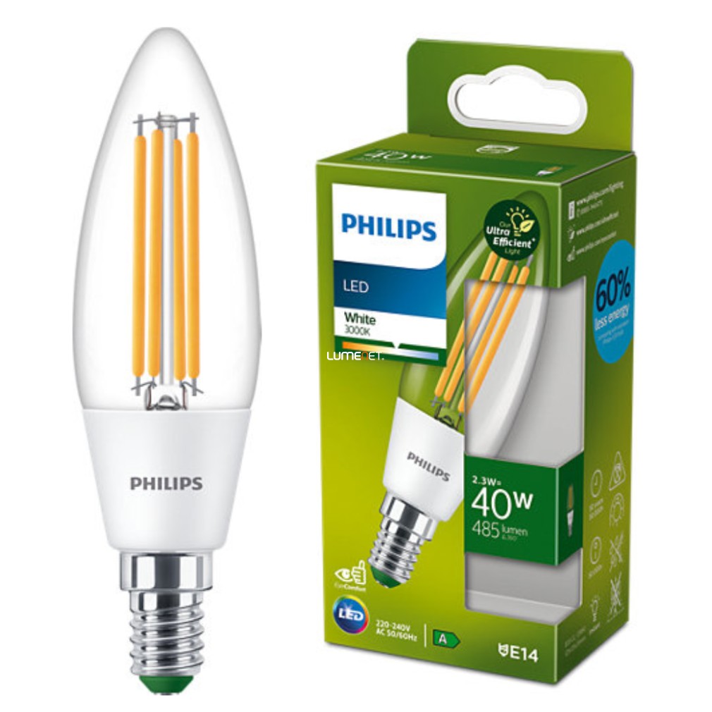 Philips E14 LED ultrahatékony 2,3W 485lm 3000K melegfehér - 40W izzóhelyett