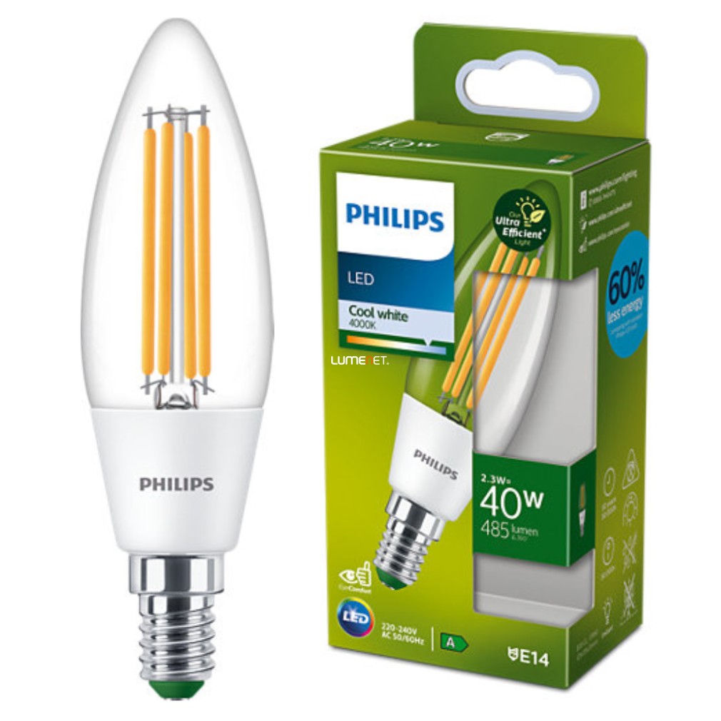 Philips E14 LED ultrahatékony 2,3W 485lm 4000K hidegfehér - 40W izzóhelyett