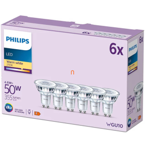   Philips GU10 LED Classic, 4,6 W, 1521 lm, melegfehér fényű - 50 W izzó helyett, 6db/csomag