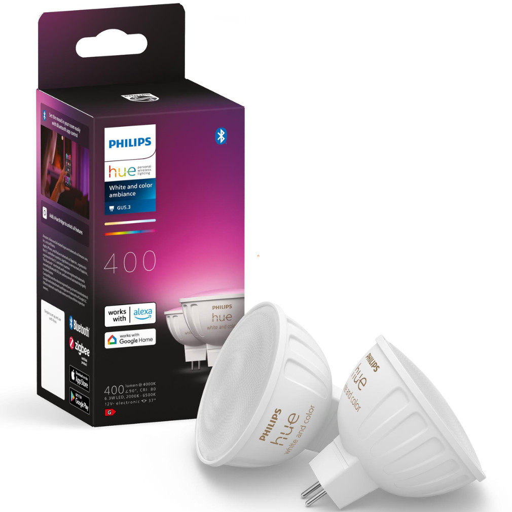 Philips Hue GU5.3 MR16 RGBW LED 6,3 W, hideg-melegfehér, 2 darabos (White And Color Ambience)