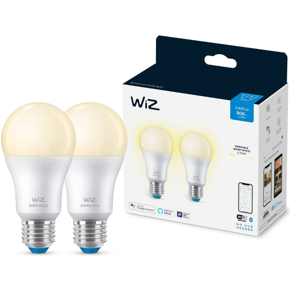 WiZ szabályozható okos E27 LED, melegfehér, 60 W izzó helyett, 2 darabos
