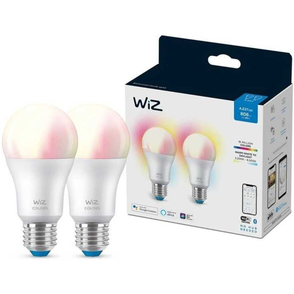 WiZ okos E27 LED, 2200-6500 K, 60 W izzó helyett, 2 darabos (RGBW)