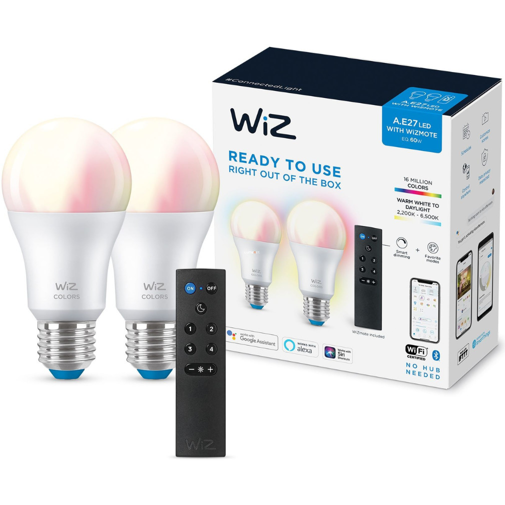 WiZ okos E27 LED távirányítóval, 2200-6500 K, 60 W izzó helyett 2 darabos (RGBW)