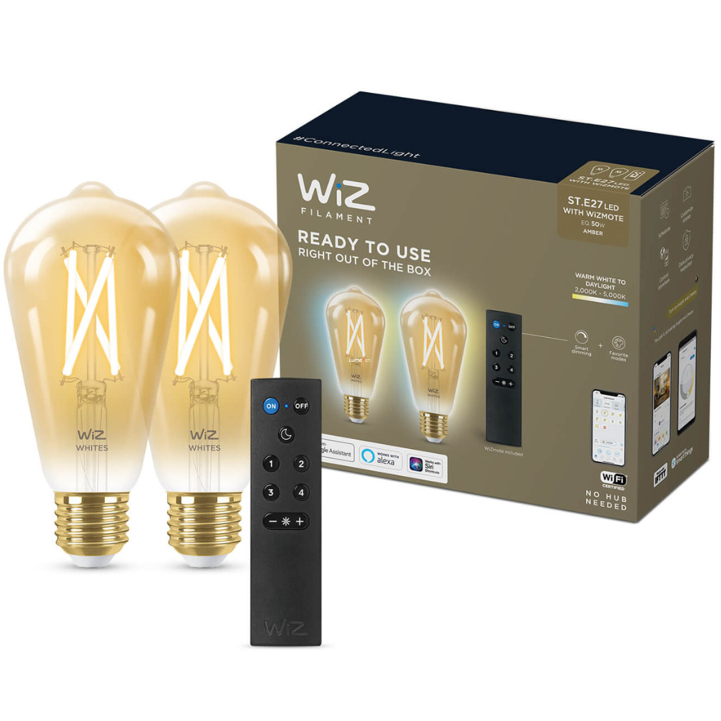 WiZ okos E27 filament LED távirányítóval, Edison forma, 2000-5000 K, 50 W izzó helyett, 2 darabos
