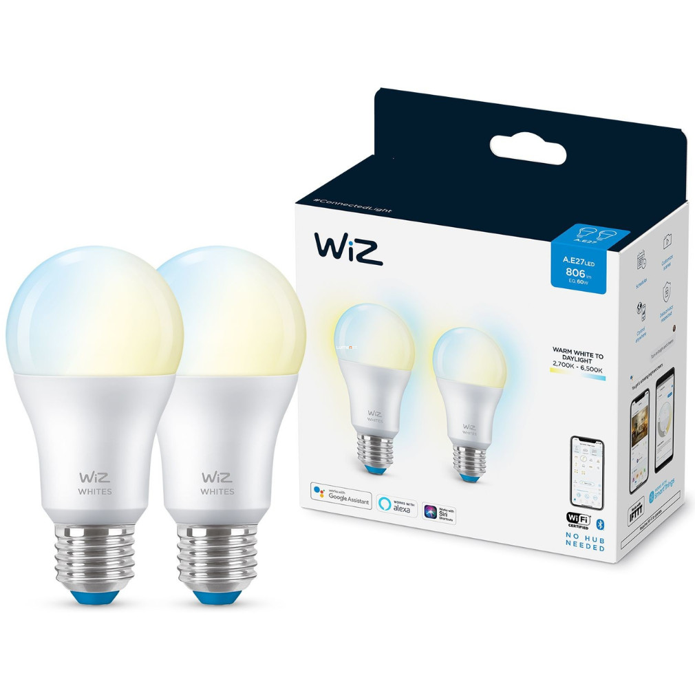 WiZ okos E27 LED, 2200-6500 K, 60 W izzó helyett, 2 darabos