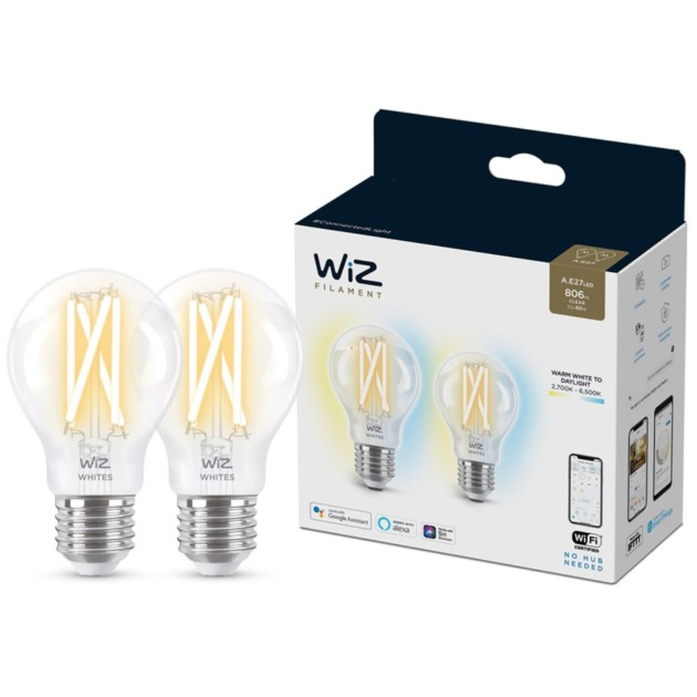 WiZ okos E27 filament LED, 2200-6500 K, 60 W izzó helyett, 2 darabos