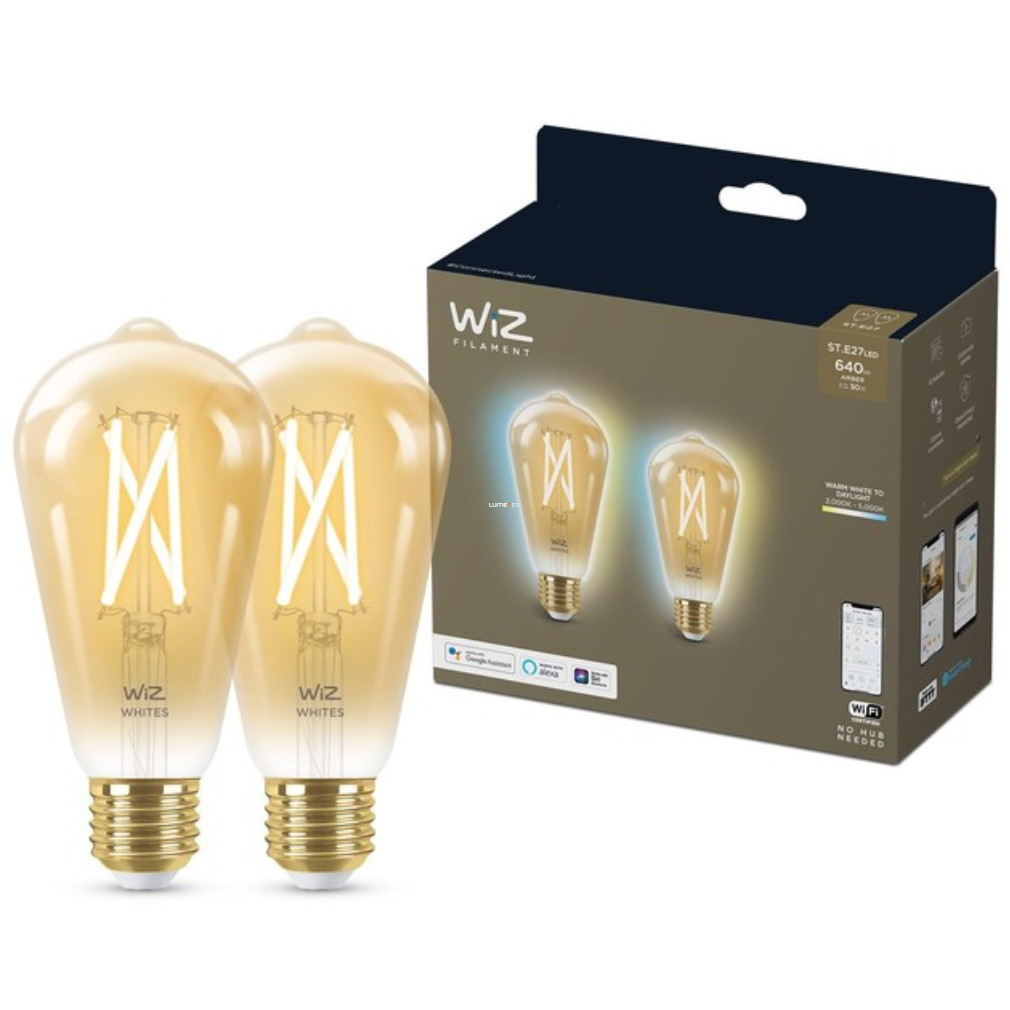 WiZ okos E27 filament LED, Edison forma, 2000-5000 K, 50 W izzó helyett, 2 darabos