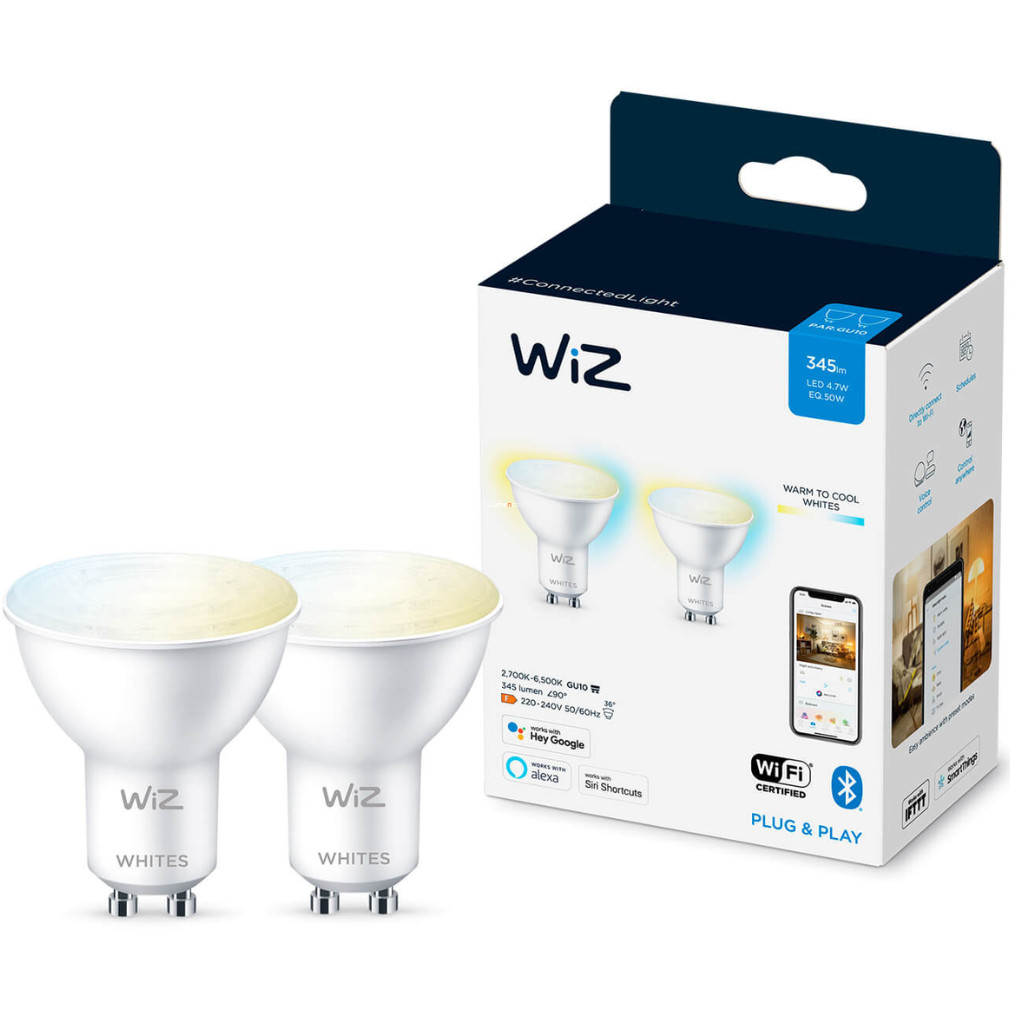 WiZ okos GU10 LED, 2200-6500 K, 50 W izzó helyett, 2 darabos