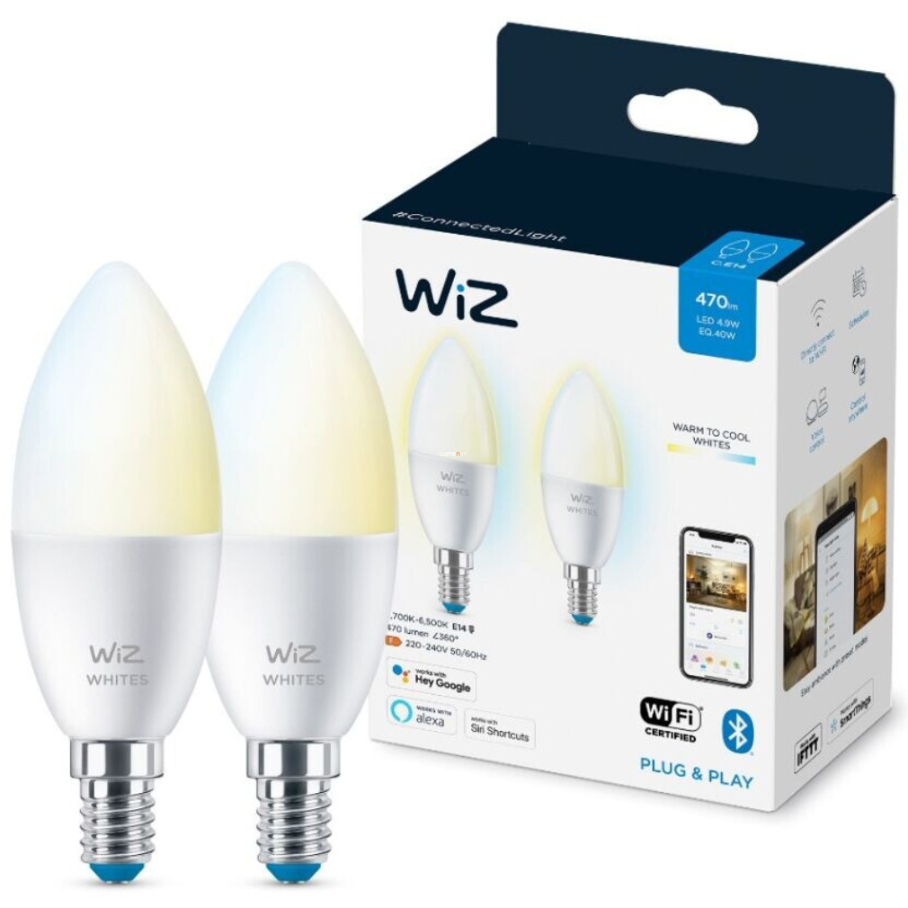 WiZ okos E14 LED, gyertya forma, 2200-6500 K, 40 W izzó helyett, 2 darabos