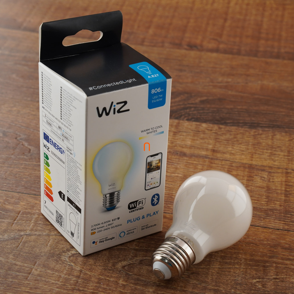 WiZ okos E27 LED, opál, 8 W, 806 lm, 2700-6500 K, szabályozható fehér-60 W izzó helyett, 220-240 V, applikációval vezérelhető, Wi-fi, Bluetooth