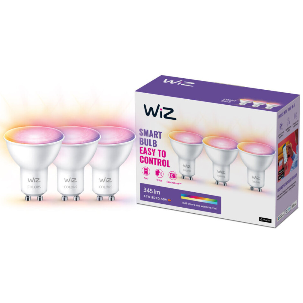 WiZ okos GU10 LED, 2200-6500 K, 50 W izzó helyett, 3 darabos (RGBW)