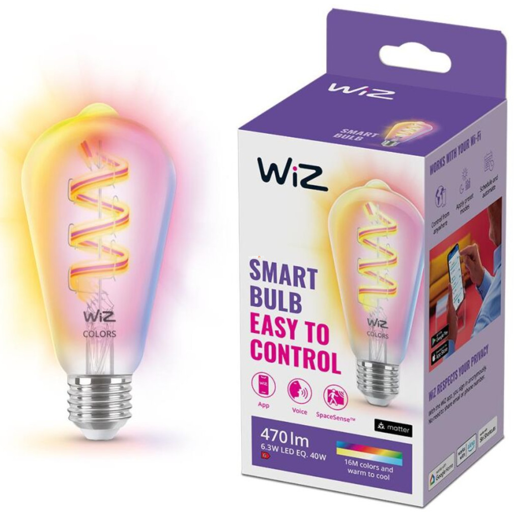 WiZ okos E27 RGBW filament LED, Edison forma, 2200-6500 K, 40 W izzó helyett (RGBW)
