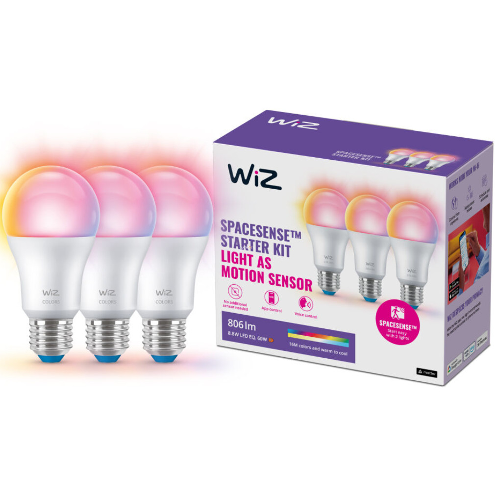 WiZ okos E27 LED, 2200-6500 K, 60 W izzó helyett, 3 darabos (RGBW)