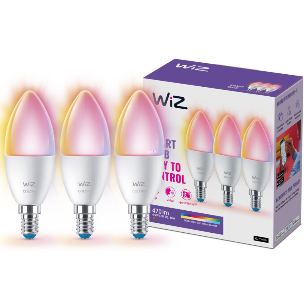 WiZ okos E14 LED, gyertya forma, 2200-6500 K, 40 W izzó helyett, 3 darabos (RGBW)