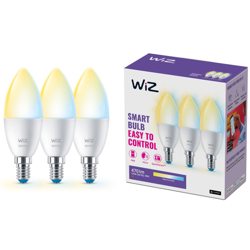 WiZ okos E14 LED, gyertya forma, 2200-6500 K, 40 W izzó helyett, 3 darabos