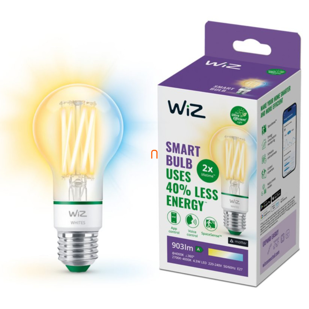 WiZ okos E27 filament LED, 2700-4000 K, 60W izzó helyett