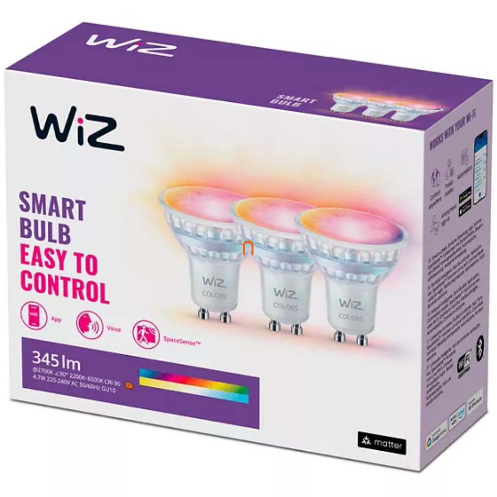 WiZ okos GU10 LED 2200-6500K, 50W izzó helyett (RGBW) 3 darab/csomag