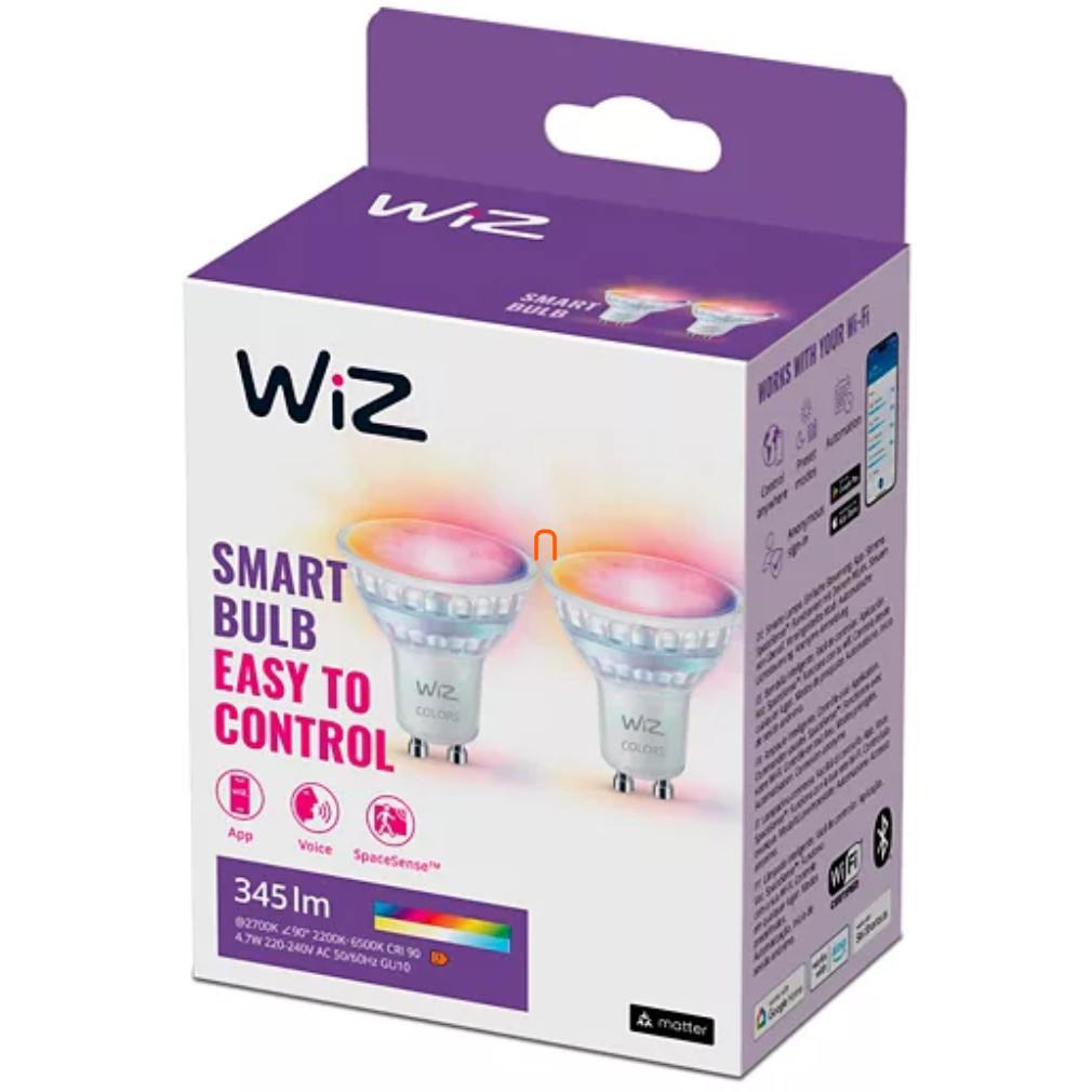 WiZ okos GU10 LED 2200-6500K, 50W izzó helyett (RGBW) 2 darab/csomag