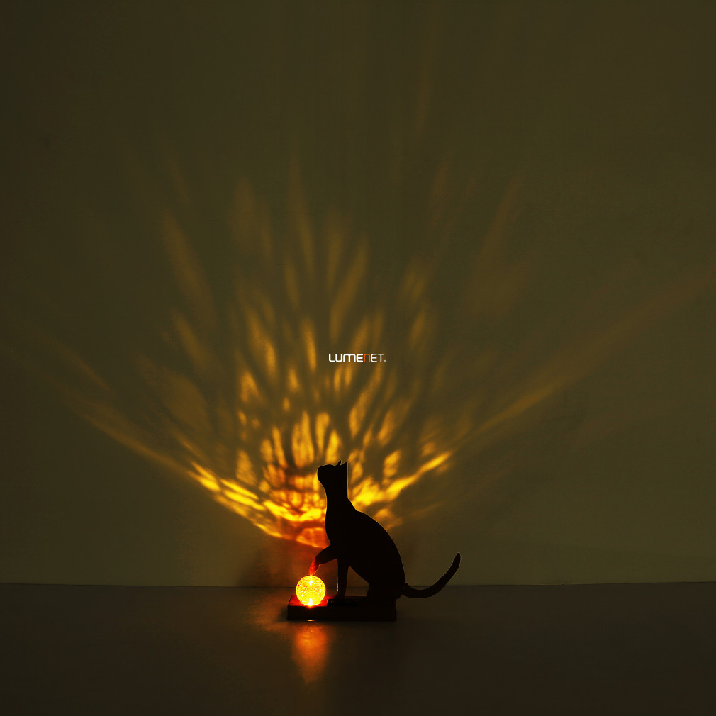 Kültéri napelemes dekorációs LED lámpa üveg gömbbel, rozsdabarna macska sziluett (Solar)